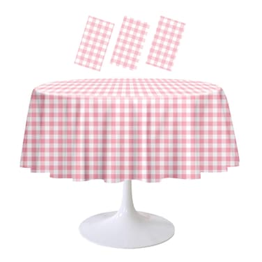 RINDOJIN 3 Pack Pink Gingham Tablecloth Round 84 x 84 Inch Round Plastic Checkered Table Cloth Disposable Plaid Table Cover for Picnic Party Birthday Wedding Baby Shower Circle Pink Tablecloth