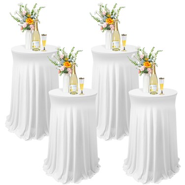 Tegeme 4 Packs Round Spandex Cocktail Tablecloths with Skirt 32 x 43 Inch Cocktail Round Table Cover Spandex Stretch Square Tablecloth Skirt for Table Bar Wedding Party Banquet (White)