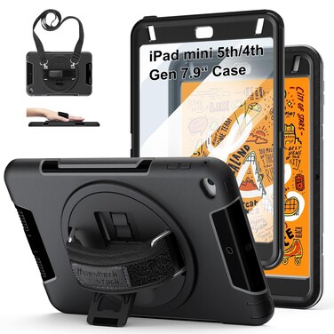 Case for iPad Mini 5/4: Shockproof TPU Cover for iPad Mini 5th/4th Generation 7.9 Inch 2019/2015 with- Screen Protector- Stand- Handle- Shoulder Strap- Pencil Holder- Black