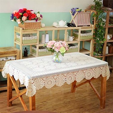 USTIDE Crochet Tablecloth Rectangular 59x78inches Beige Cotton Lace Tablecloth Rectangle Elegant Kitchen Tablecloths