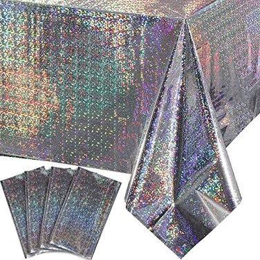 FunnyPars 4 Pack Iridescent Plastic Tablecloths Shiny Disposable Laser Rectangle Table Covers Holographic Foil Tablecloth Iridescent Party Decoration Birthday Bridal Wedding Christmas 54"x108"(Silver)