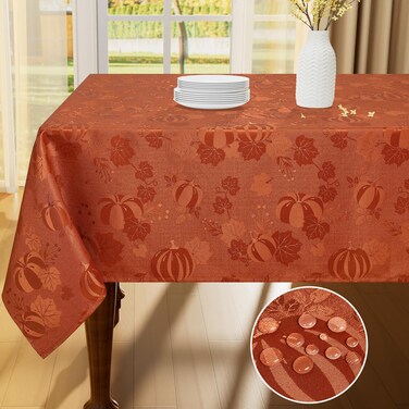 Smiry Thanksgiving Tablecloth 60x102 Inch, Fall Waterproof Damask Table Cloth for Rectangle Table, Pumpkin Fabric Jacquard Table Covers for Harvest Parties, and Holiday Dinner, Terracotta/Rust