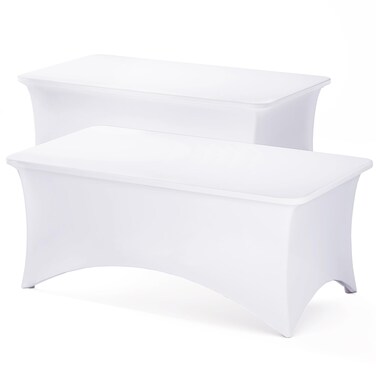 Fixwal 6FT Table Cloth for Rectangle Table, 2 Pack White Tablecloths Rectangular Stretch Spandex Fitted Table Covers 6 Foot for Party, Weddings Decorations, Tradeshows, Banquet, Buffet