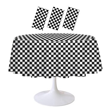 RINDOJIN 3 Pack Black and White Checkered Tablecloth Round 84 x 84 Inch Circle Plastic Table Cover Disposable Table Cloth for Race Car Theme Party Birthday Picnic Round Checkered Tablecloth
