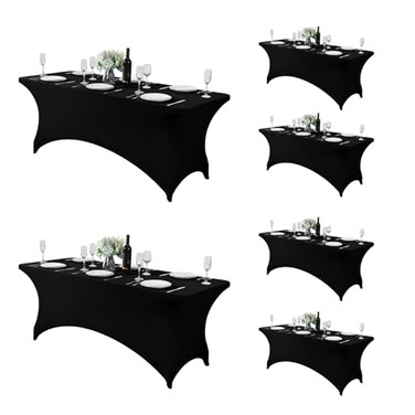 Fokitut 6 Pack Spandex Table Cover for 6FT Table Universal Fitted Stretch Tablecloth for Party, Banquet, Wedding and Events-Black