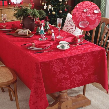 MATIRUG Christmas Tablecloth Rectangle 52x70 Inch,Spillproof Washable Poinsettia Jacquard Table Cloths,Holiday Xmas Winter Fabric Table Cover for Dinning Party Banquet,Red
