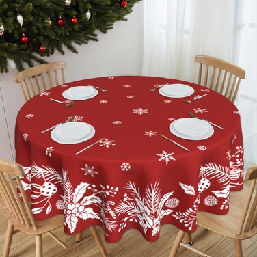 JYKCUL Christmas Tablecloth Round 60 Inch, Christmas Floral Leaf Red Table Cloth Xmas Winter Table Cover for Party Picnic Kitchen Dinner Decor