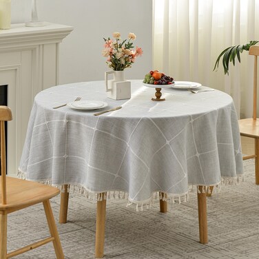 Lattice Embroidery Round Tablecloth with Tassel, Heavy Duty Cotton Linen Fabric Wrinkle Resistant Table Cloth Cover for Kitchen Dining Party Decoration, Round 62 Inch, Grey