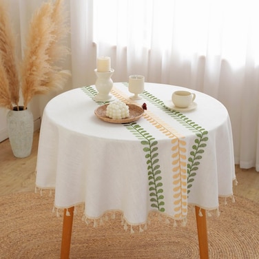 AMZALI Round Tablecloth Embroidery Leaf Pattern Wrinkle Free Heavy Weight Cotton Linen Farmhouse Tablecloth Decorative Fabric Tassel Table Cover for Outdoor and Indoor Use