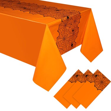 Mixweer 3 Pcs Halloween Disposable Tablecloth 54 x 108 Inch Plastic Tablecloth Rectangular Tablecloths Waterproof Tablecloths Spider Web Pattern Tablecloths for Home Banquet Parties (Orange)