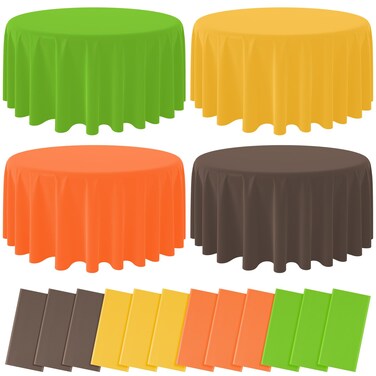 MASHAN 12 Pcs Plastic Fall Tablecloth Yellow Orange Green Coffee Round Tablecloths Disposable Round Table Covers for Fall Harvest Thanksgiving Day Family Birthday Baby Shower Party Decorations,84inch