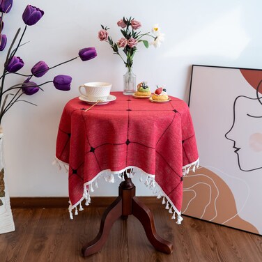 Gernaice Rustic Embroidered Small Tablecloth Lattice Square Tassel Table Cover Dust-Proof for Kitchen Dining Picnic Party Home Decoration (Square, 24x24 Inch, Red)