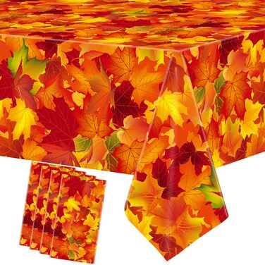 4 Pack Fall Tablecloth Maple Leaf Plastic Table Cover Autumn Leaves Disposable Party Tablecloths Thanksgiving Rectangle Table Covers for Harvest Holiday Party Farmhouse Kitchen Decor, 54" x 108