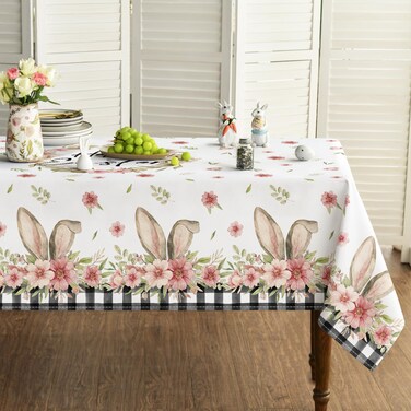 Horaldaily Easter Tablecloth 60x84 Inch Rectangular, Spring Flower Buffalo Plaid Bunny Ear Table Cover for Party Picnic Dinner Decor