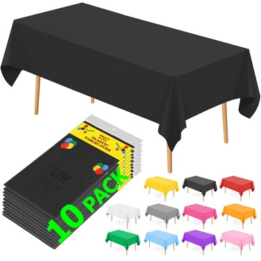 10 Pack Black Plastic Tablecloths for Rectangle Tables, 54 x108 Inch Plastic Table Cloths for Parties Disposable for Birthday &amp; Weddings, Table Cover for Festival Party (Black)