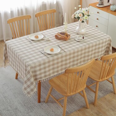 Alsoo Checkered Tablecloth Rectangle Cotton Linen Fabric Gingham Table Cloth Buffalo Plaid Table Cover with Tassel Wrinkle Free Washable for Kitchen Dining Picnic, Beige and White, 55X75''