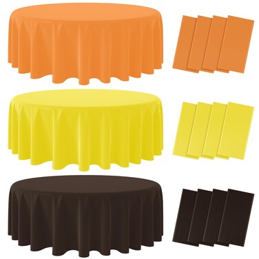 12Pcs Round Plastic Fall Tablecloth Disposable Yellow Coffee Orange Tablecloths Round Table Covers for Happy Fall Decor Thanksgiving Day Harvest Wedding Birthday Baby Shower Party Decoration, 84Inch