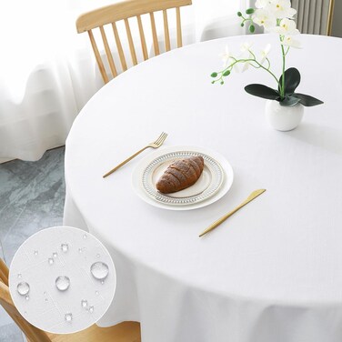 UFRIDAY Tablecloths for Round Tables 60 inch Round White Tablecloth Polyester Cloth Washable Water Resistant Table Cloth Decorative Fabric Table Cover for Dining Table Buffet Parties Wedding