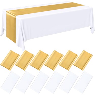 Tudomro 12 Pcs White and Gold Disposable Plastic Tablecloths and Satin Table Runner Set, 54 x 108 Inch Tablecloth, 12 x 108 Inch Table Runners for Wedding Baby Shower Birthday Party