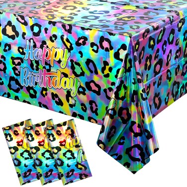 3 Pack Cheetah Print Birthday Tablecloth, Iridescent Neon Rainbow Leopard Birthday Party Decorations, Plastic Disposable Rectangle Safari Leopard Print Table Cover for Birthday Party, 54X108 Inch