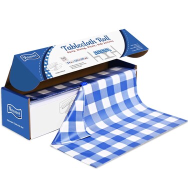 Vrisssot Plastic Table Cover Roll Disposable Tablecloth: 54in X 120ft Table Covers Plastic Table Cover Roll with Easy Slide Cutter Plastic Table Cloths for Parties Disposable-Bule Checkered
