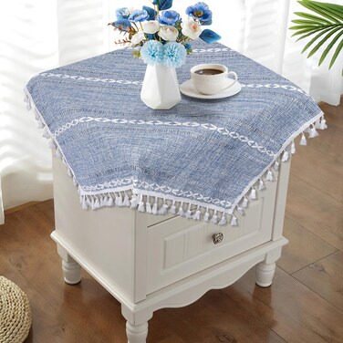 tiosggd Dusty Blue and White Small Tablecloth 24''x24'', Boho Square Nightstand Cover, Linen Rusitc Farmhouse Table Cover for Round Table, Coffee Table, Bedside, Blue Dresser Scarf Spring Home Decor