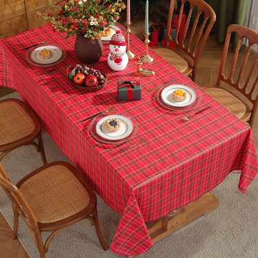SASTYBALE Christmas Vinyl Table Cloth with Flannel Backing Checkered Plaid Plastic Tablecloth Waterproof &amp; Oil Proof Wipeable Table Covers for Winter, Xmas Holiday (Red, 52"x70"(4-6 Seats))
