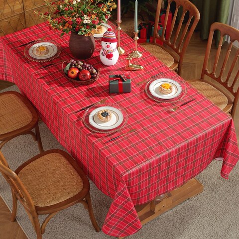 SASTYBALE Christmas Vinyl Table Cloth with Flannel Backing Checkered Plaid Plastic Tablecloth Waterproof &amp; Oil Proof Wipeable Table Covers for Winter, Xmas Holiday (Red, 52&quot;x70&quot;(4-6 Seats))