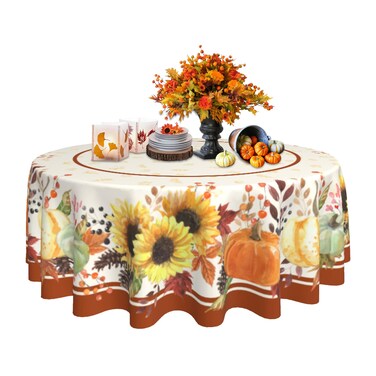 JYKCUL Fall Tablecloth Round 60 Inch Pumpkin Sunflower Leaves Table Cloth Thanksgiving Autumn Table Cover for Party Picnic Kitchen Dinner Decor