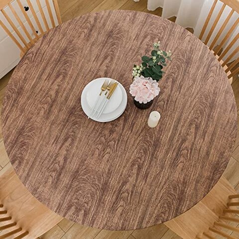 LIBERECOO Round Vinyl Fitted Tablecloth with Flannel Backing Elastic Edge Plastic Table Cover Waterproof Table Cloth Stain-Resistant Wipeable for 40&quot;-44&quot; Round Table