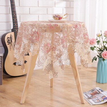 Savagrow Retro Round Lace Tablecloth 36 Inch Embroidered Table Cover Decorative Dining Doily for Wedding &amp; Cafe, Brown with Pink Flora
