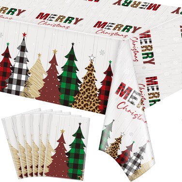 Preboun Merry Christmas Tablecloth Plastic Christmas Table Cover Checked Christmas Tree Tablecloth Rectangle Xmas Table Cover for Holiday Home Party Birthday Decor, 54 x 108 Inch(6 Pcs)