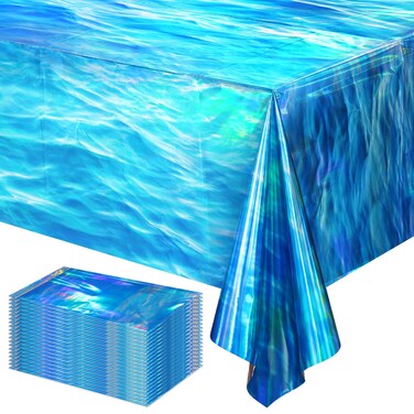 24 Pcs Iridescent Ocean Waves Tablecloths Disposable Plastic Ocean Blue Table Cloth Rectangle Table Covers for Under the Sea Beach Surf Ocean Pool Party Birthday Party Decorations, 54 x 108 Inch