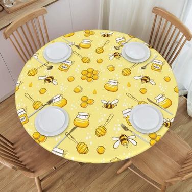 Famame Bees and HoneyFitted Round Tablecloth Waterproof Table Cloth with Elastic Edge Wipe Clean Table Cover for Indoor Outdoor Fits 45"-50", Medium