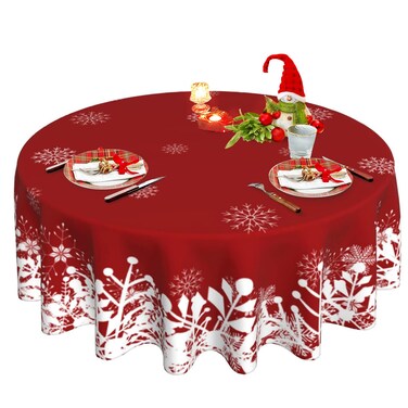 Christmas Tablecloth Red Round Tablecloth 60 Inch Winter white Snowflake TableCloth for Farmhouse Outdoor kitchen Table Decor, Washable Waterproof Polyester Fabric Table cloth Cover for Party Holiday