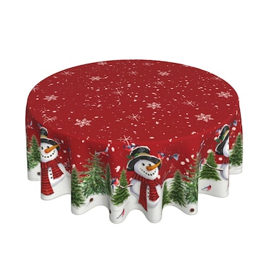 Red White Christmas Tablecloth Round 60 Inch Winter Snowman Green Trees Snowflakes Washable Wrinkle Stain-Resistant Polyester Table Cloth Holiday Decorations For Party Kitchen Dinning Outdoor Indoor