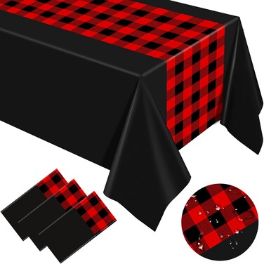 Oudain 6 Pcs Black and Red Disposable Plastic Tablecloth with Table Runner Design 108 x 54'' Checkered Racing Flag Table Cover Decorative Party Buffalo Plaid Table Cloth Rectangle for Birthday Wedding
