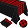 Oudain 6 Pcs Black and Red Disposable Plastic Tablecloth with Table Runner Design 108 x 54'' Checkered Racing Flag Table Cover Decorative Party Buffalo Plaid Table Cloth Rectangle for Birthday Wedding