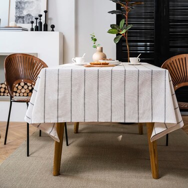 ArtBud Cotton Linen Table Cloths Boho Farmhouse Heavy Fabric Table Cover Burlap Striped Washable Table Top for Parties Coffee Kitchen Picnic White Black Rectangle/Oblong, 55"&Atilde;&mdash;102"(8-10 Seats)