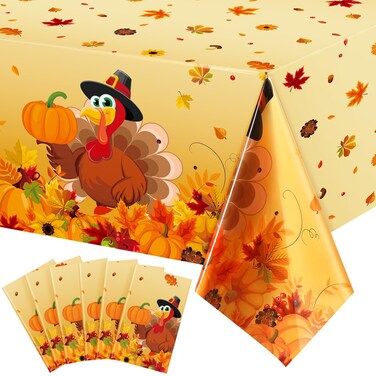 Tudomro Thanksgiving Tablecloths Fall Leaf Tablecovers Thanksgiving Turkey Tablecloth Autumn Pumpkin Maple Leaves Table Covers for Thanksgiving Harvest Party Table Decors, 54 X 108 Inches (6)