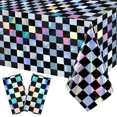 Black Checkered Iridescent Tablecloth Disposable Holographic Foil Table Cover Shiny Laser Checkered Plastic Table Cloth for Iridescent Racing Bachelorette Party Picnic Camping Decoration 54" x 108