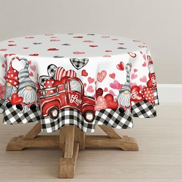 Horaldaily Valentine's Day Tablecloth 70&Atilde;&mdash;70 Inch Round, Gnomes Truck Black Buffalo Plaid Washable Table Cover for Party Picnic Dinner Decor