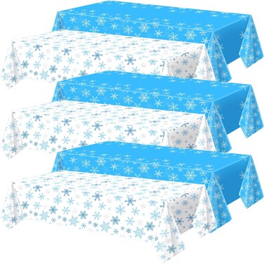 Peryiter 6 Pcs Winter Snowflake Plastic Tablecloth Decorations, Wonderland Disposable Table Cover 54 x 108 Inch Blue and White Dining Table Cover for Winter Theme Party Supplies