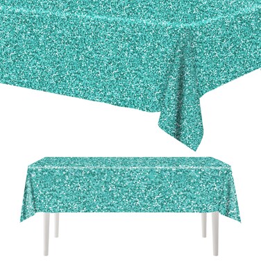 Teal and Silver Tablecloths, Teal and Silver Glitter Table Cover,Disposable Teal Blue Table Cover for Wedding Anniversary Silver Glitter Party Supplies (2)