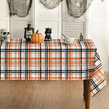 Horaldaily Halloween Tablecloth 60x84 Inch Rectangular, Fall Orange Buffalo Plaid Washable Table Cover for Party Picnic Dinner Decor