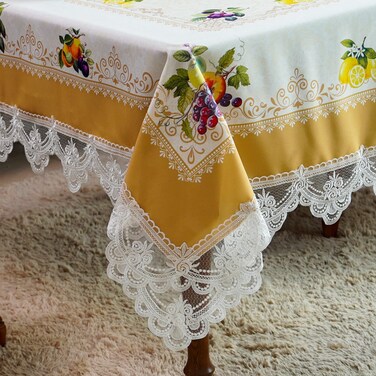 SUTAVIA Yellow Tablecloth Lemon Fruit Decor White Lace Farmhouse Tablecloths for Rectangle Table Waterproof Tablecloth Decoration for Home Picnic Dining Room Holiday Party Outdoor(Yellow, 60"x104")