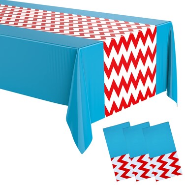 Irenare 3 Pcs Striped Tablecloth Disposable Plastic Tablecloth 54" x 108" Red and White Striped Blue Tablecloth Waterproof Table Cover Party Decorations for Camping Birthday Wedding