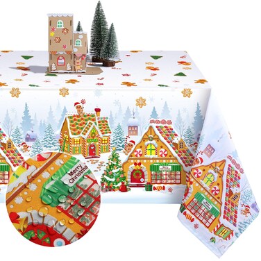 Tiamon Christmas Gingerbread Tablecloth Gingerbread Man House Xmas Table Cover Polyester Christmas Tree Tablecloth Rectangle for Winter Xmas Holiday Dinner Decor Party Favors (60 x 104 Inch)
