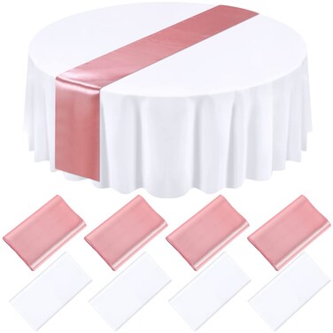 Tudomro 8 Pcs White and Rose Gold Round Plastic Tablecloth and Satin Table Runner Set 84 Inch Round Table Covers 12 x 108 Inch Table Runners for Wedding Birthday Party Baby Shower Anniversary