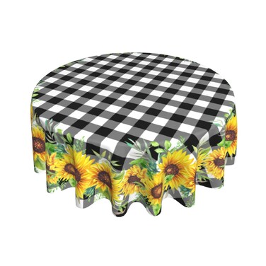 Sunflower Tablecloth Round 60 Inch Fabric Black White Buffalo Check Plaid Table Cloth Washable Spillproof Wrinkle Free Spring Summer Farmhouse Floral Table Cover for Indoor Outdoor Kitchen Dinning